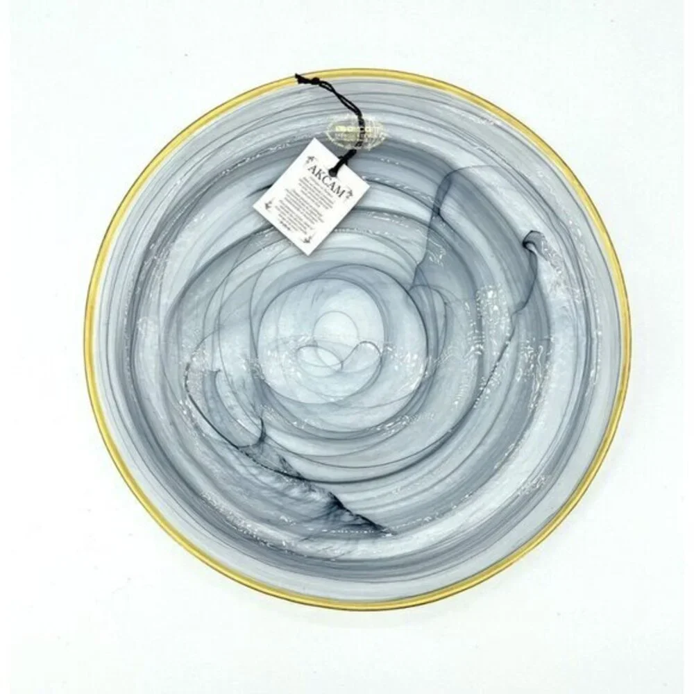 Akcam Turkish Glass 4 Plates Set Entrée Dinner Black Swirl Gold Rim 11